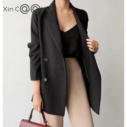 New Fashion Autumn Winter Student Notched Collar Women Blazer Elegant Long Sleeve Loose Double Breasted Female Suits Jackets