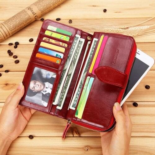 Women Genuine Leather Wallet Female Long Real Oil Wax Cowhide Leather Clutch Purse Lady Large Capacity Travel Coin Bag Wallets