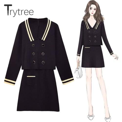 Trytree Autumn Winter Casual two piece Women Sets Turn-down Collar Buttons Top + Mini Skirt Elastic Waist Knitted 2 Piece Set
