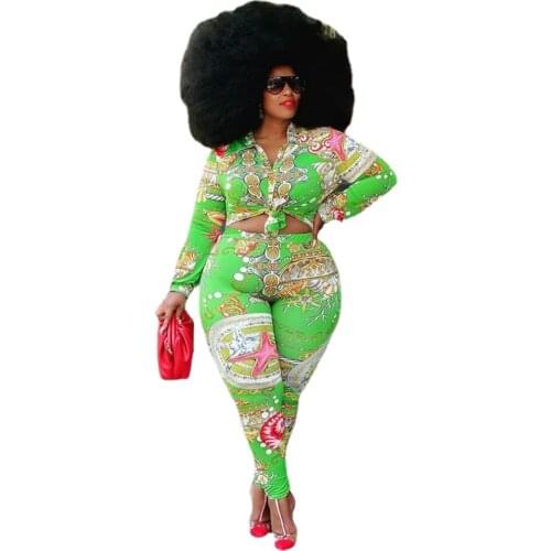 Collect Waist Printing Plus Size Suit Women Fashion Sexy Slim Set Casual Green Two Piece Outfit Wholesale Drop Shipping