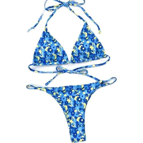 Women 2021 High Quality Plus Size Swimsuit Lace Up Halter Bikini Sexy Two Piece Suits Blue Floral High Waist Swimwear
