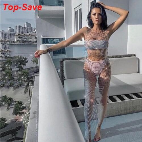 Crystal Diamond Reflective Clothing Knitted Suit Female Sets Holiday Outfits Rhinestone Crop Top And Skirt Woman 2 Pieces Sets