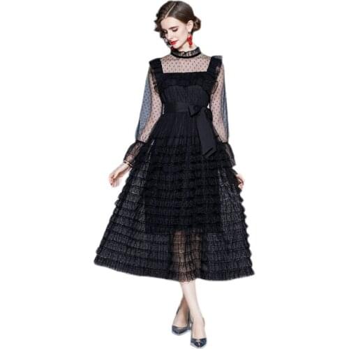 2021 New Spring Autumn Women Elegant Black Long Dress High Quality Transparent Mesh Lace Patchwork Sweet Cake Dress