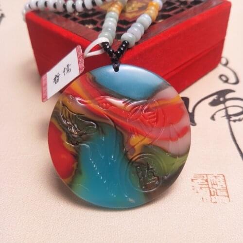 Zheru Jewelry Pure Natural Colorful Jade Carving Wolf Head Pendant Tricolor Jadeite Bead Necklace Send National Certificate