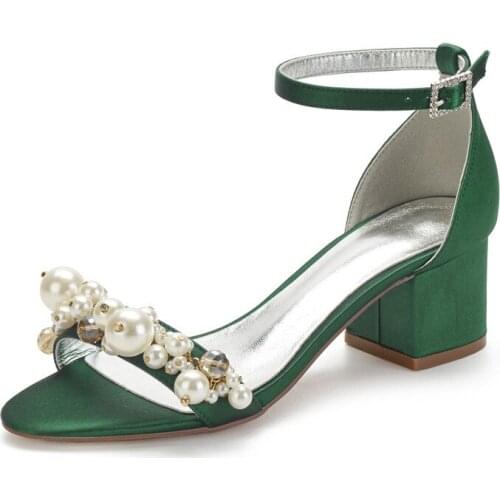 Block Mid Heels Satin Pearls Wedding Sandals for Bride Open Toe Ankle Buckle Strap Formal Party Dress Heels Sandals Summer