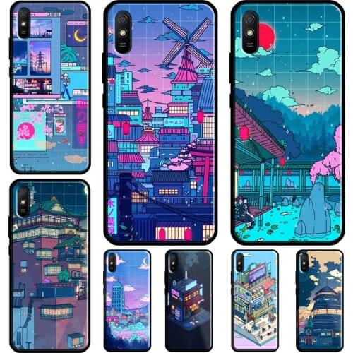 Vaporwave Village Art Pixel Aesthetic Neon Case For Xiaomi Redmi Note 10 Pro 8 9 Pro 8T 7 9S Cover For Redmi 9T 9A 8A K40 7A 9C