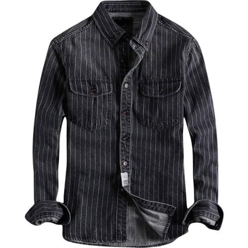 Japanese Harajuku Vertical Striped Jeans Shirt for Men Urban Boys Streetwear Long Sleeve Button Down Denim Shirt Plus Size
