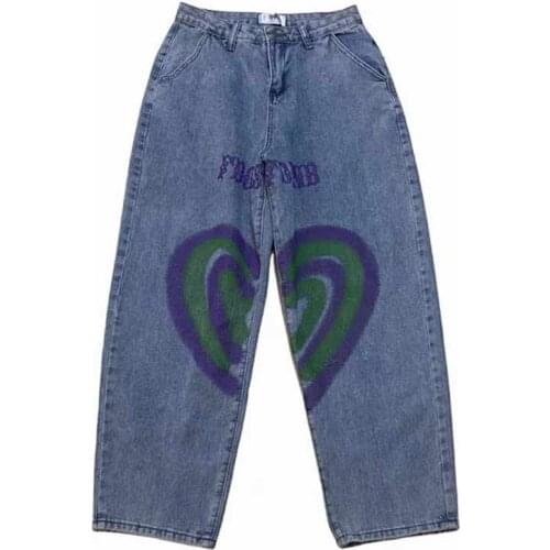Retro Washed Jeans ins Heart-Shaped Graffiti Print Street Trousers Harajuku Casual Commuter Loose Wide-Leg Pants Men and Women