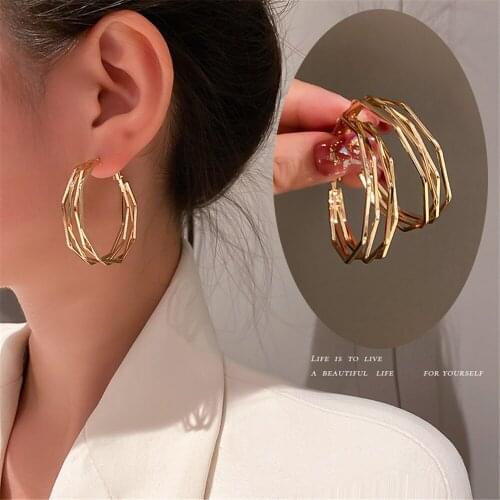 European American Retro Geometric Polygon Earrings Simple Circle Metallic Hoop Earring Cold Personality Tide Earrings Women 2021