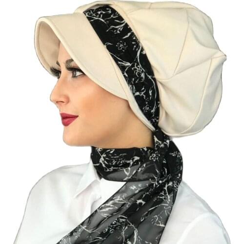 Islamic Fashion Muslim Women Hijab 2021 Trend Scarf Buckle Ready Sal Damson Siphon Cream Color Scarf Hat Bone