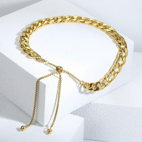 Womens Curb Cuban Choker 10mm Adjustable Gold Color Stainless Steel Collar Necklace for Women Link Chain Fashion Jewelry LDN179A