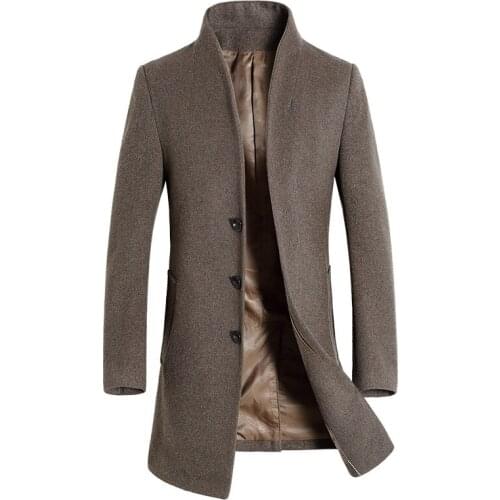 Men woolen coat jacket autumn winter trench woolen coat for men mid length windbreaker thick stand collar woolen overcoat men