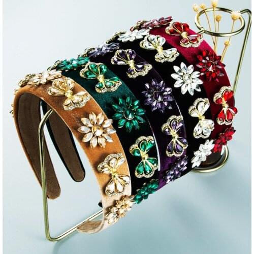 2021 New Luxury Baroque Color Rhinestone Pearl Headband Fashion Women Crystal Flower Gold Velvet Hairband Hair accessories