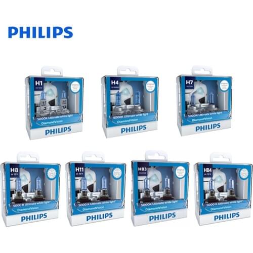 Philips Diamond Vision H1 H4 H7 H8 H11 9005 9006 HB3 HB4 12V DV 5000K Cool White Light Car Halogen Headlight Fog Lamp,2X