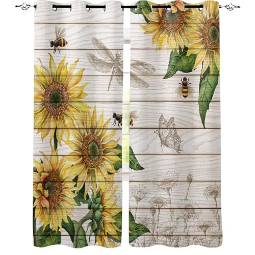 Sunflower Bee Butterfly Wood Texture Window Curtains for Living Room Bedroom Modern Curtains Home Decoration Kid Room Drapes