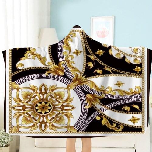 Retro Gold Chain Hooded Blanket 3D Printed Warm Wool Blanket on Black Background for Home Throw Blankets