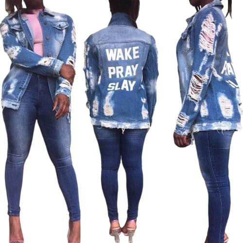 Blue Denim Jackets Sexy Fashion All-match High Street Denim Coat Letter Print Fashion Women Clothes Single-breasted Slim Jackets