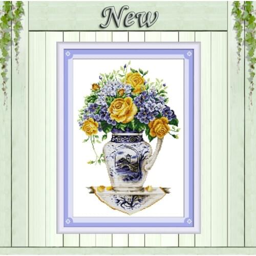 Yellow rose flower vase home decor painting counted printed on canvas DMC 14CT 11CT Cross Stitch Needlework Sets Embroidery kits