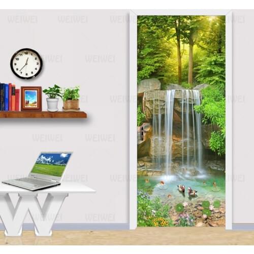 Waterfall 3D Landscape Door Sticker Wall Painting PVC Waterproof Self-adhesive Sticker Living Room Bedroom Door Mural Wallpaper