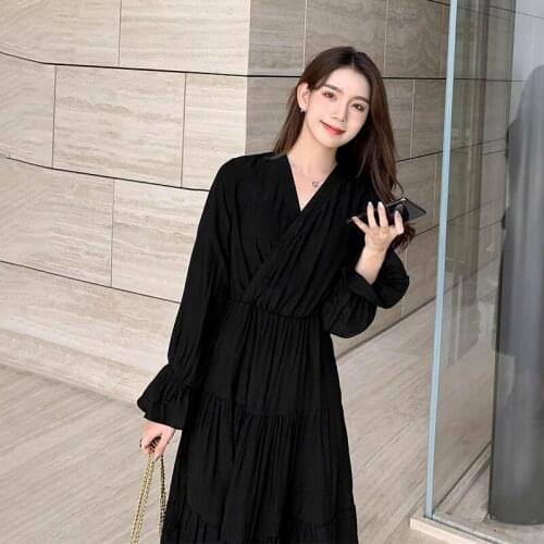 Woman clothes spring and autumn fashion black long-sleeved dress bodycon dress