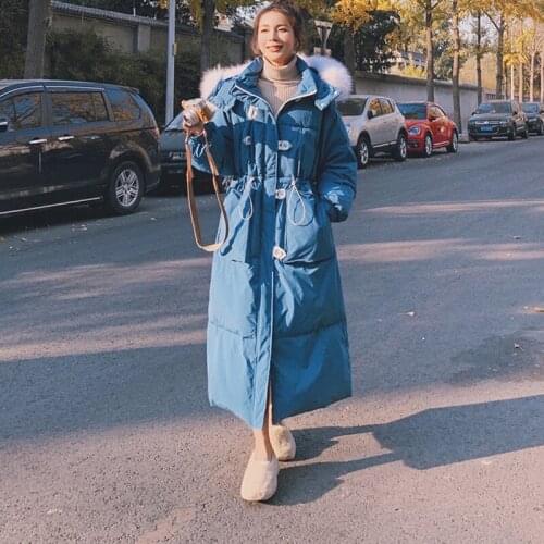 Womens Cotton-padded Jacket Winter New Lengthened Over-the-knee Korean Loose Coat Down Material Blue Hooded Big Fur Collar Coat