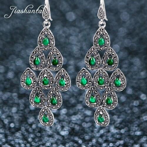 JIASHUNTAI Silver 925 Earrings for Women Red Green Large Peacock Earrings 925 Sterling Silver Jewelry Female