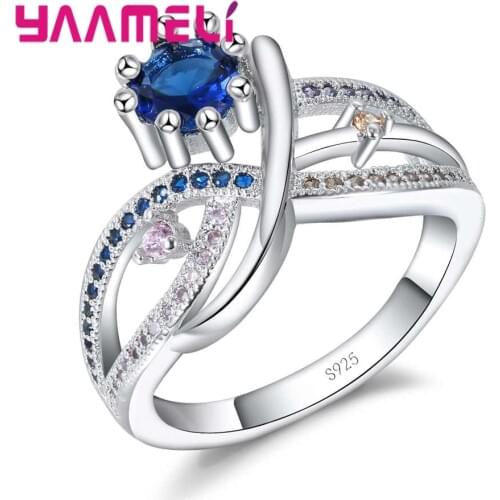 Hollow Cross Design Finger Rings Blue Pink Brown Rhinestonefor Women Wedding Jewelry 925 Sterling Silver Jewelry