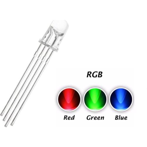 50PCS 5MM RGB LED Common Cathode 4PINS Red Green Blue LED Round Tricolor LED 5 mm Transparent Lamp Light Beads