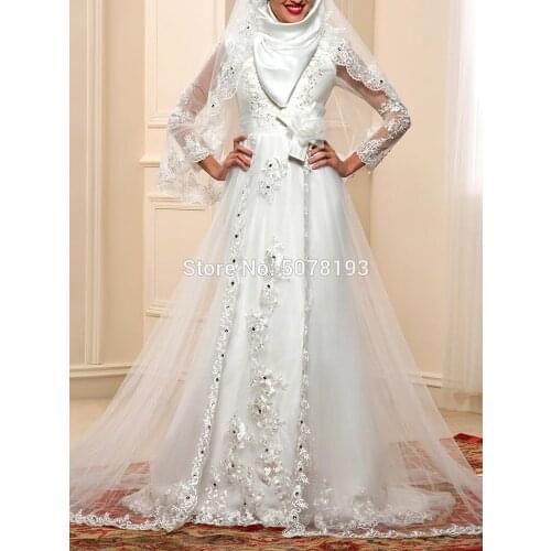8267 White O-Neck Natural A-Line Floor-Length Long Sleeves Satin&Tulle Muslim Wedding Dresses/Woman Gowns Applique Free Shipping