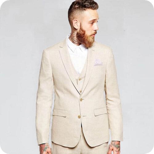 Beige Slim Fit Beach Wedding Suits Groom Tuxedo 3 Pieces (Jacket+Pants+Vest) Birdegroom Men Suits Best Man Blazer Costume Homme
