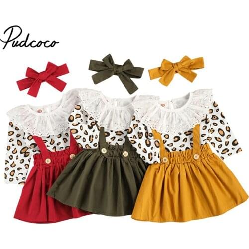 Infant Newborn Baby Girl 3Pcs Outfit Set Leopard Printed Lace Crew Romper Strap Skirt Bow Tie Toddlers 0-3Y Spring Autumn