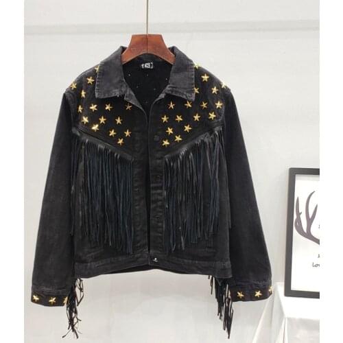 Denim Women Jacket Fad Autumn New Spring Vintage Star Rivet Suede Fringe Loose Coat Long Sleeve Outerwear Female Boho Jacket