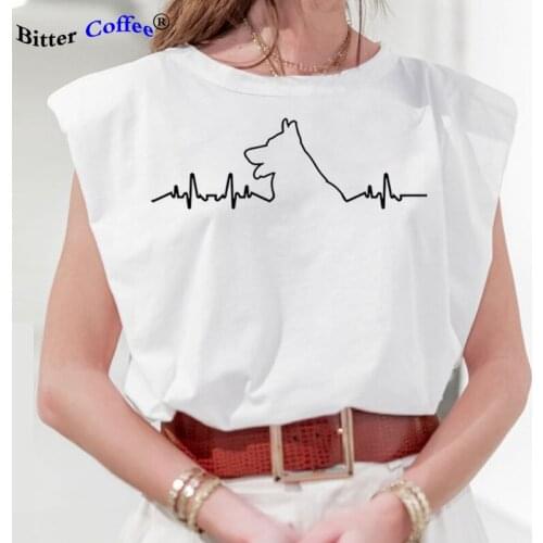 German Shepherd Heartbeat T-Shirt Funny Dog Lovers Quote Sexy Sleeveless Cotton T Shirts for Women Print Clothes Drop Shipping