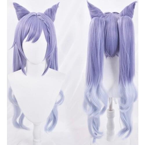 Genshin Impact Keqing Cosplay Purple Long Curly Ponytails Ears Horns Pigtails Heat Resistant Women Halloween Free Wig Cap