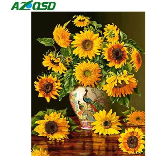 AZQSD Picture By Number Frame DIY Flower Acrylic Unique Gift Oil Painting By Numbers On Canvas Sunflower Kits Modern Wall Arts