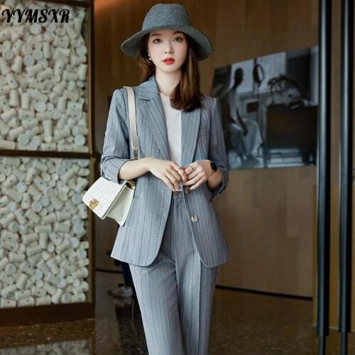 Professional Womens Office Suit Two-piece Suit 2021 New Winter Elegant Slim Jacket Striped Jacket High Waist Pants High Quality