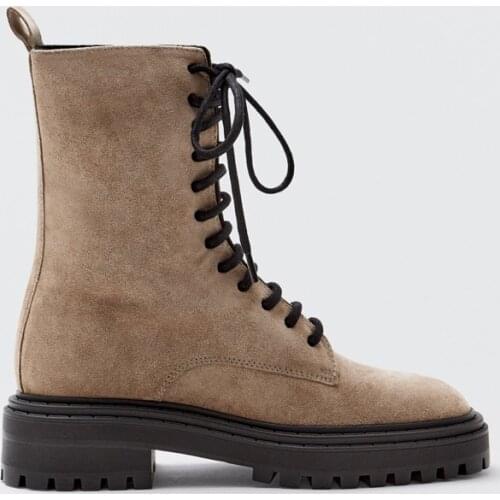 British Style Handsome Motorcycle Boots Thick Bottom Flat Platform Short Boots Lace-up Mid-calf Boot Khaki Suede Leisure Shoes