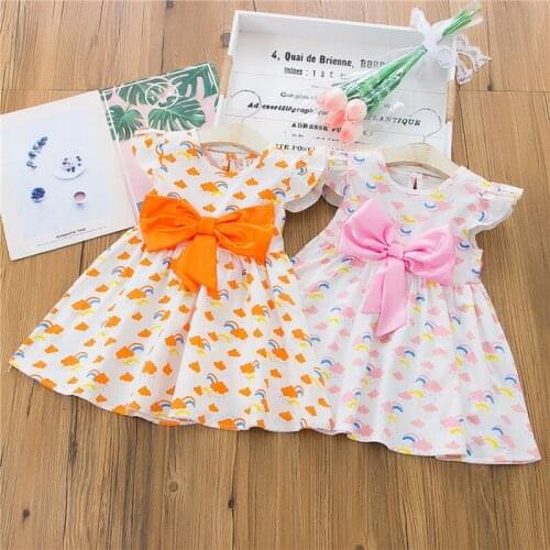 Summer Infant Clothing Baby Girl A-line Dress Rainbow/Lemon Print Fly Sleeve Big Bowknot Kid Girls Dresses