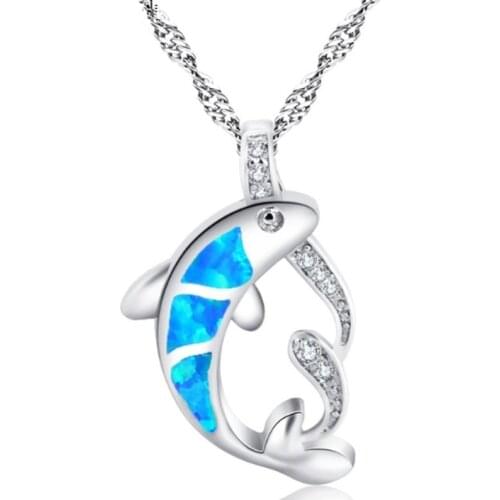 Fashion Silver Color Dolphin Animal Pendant Necklace Women Blue Opals Choker Long Necklace Christmas Boho Jewelry Bijoux Female