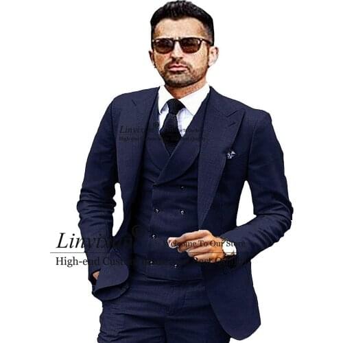 Men Suits 3 Pieces Slim Fit Business Suits Groom Navy Blue Tuxedos for Formal Wedding suit (Blazer+Pants+Vest) 2021