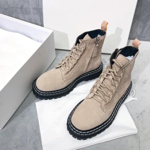 New Women Martin Boots Platform Round Toe Lace-Up Tooling Boots Female High-Top Zipper Gesigner Shoes Leather Zapatillas Mujer