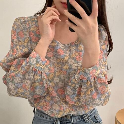 New Elegance2021 Streetwear Chiffon Women Shirts Newest Gentle Romance Tops Vintage Florals Loose Young Square Neck Puff Sleeve