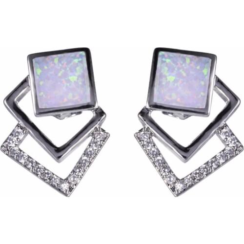 14*18MM Geometric Blue White Opal Silver Color Stud Earrings For Women Birthday Gifts Jewelry