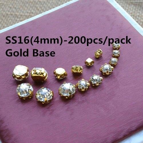 200pcs/pack SS16(4mm) 200pcs Glass Stones Gold Base Rhinestones Clear Crystal Sew On Rhinestones In Claw T02b