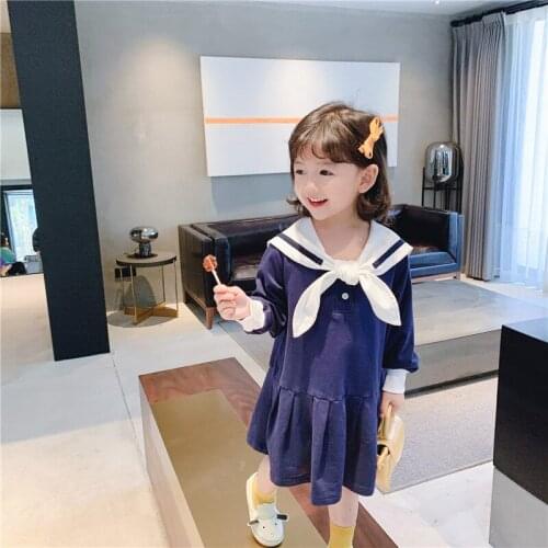 Navy Collar Children Spring Summer Cotton Dress Baby Girls Dresses Trendy Kids Long Sleeve Ruffle Special Occasion High Quality