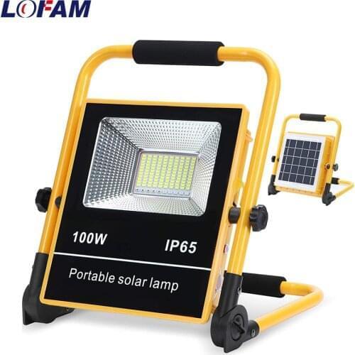 Lofam 100W Solar Powered Spotlight Portable Outdoor Solar LED Work Light 6000K Solar Powered Security Lights for Camping Light