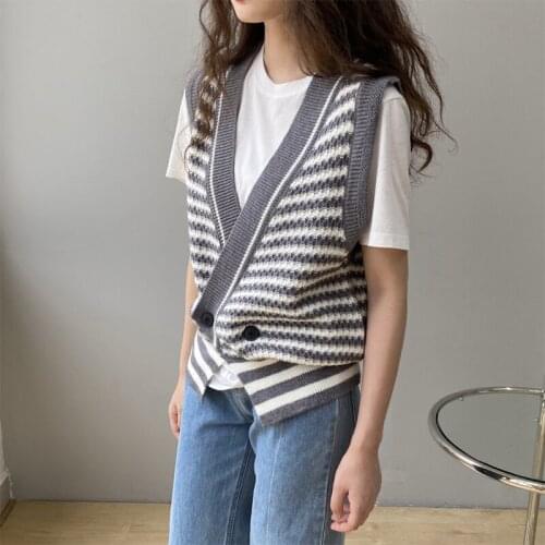 Spring and autumn womens casual striped V-neck asymmetric knitted vest