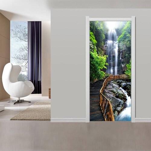 Waterproof 3D creative door sticker self-adhesive paper decoration bedroom living room wall sticker door sticker waterfall woode