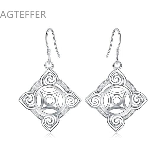 AGTEFFER 925 Sterling Silver Geometric Pattern Drop Earring For Women Lady Wedding Engagement Party Fashion Jewelry