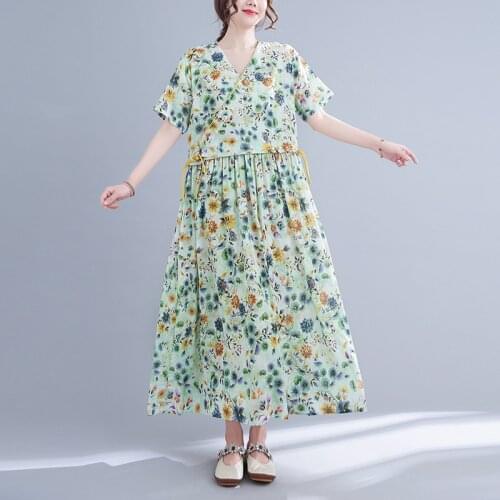 2021 Summer Fashion Linen Lady Dress Short Sleeve V-Neck Print Dress Long Big Size Female Vestidos Dresses